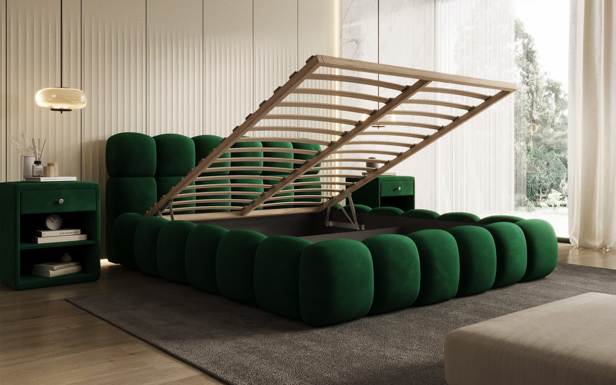 Designer Polsterbett Boston aus Samt mat Stauraum