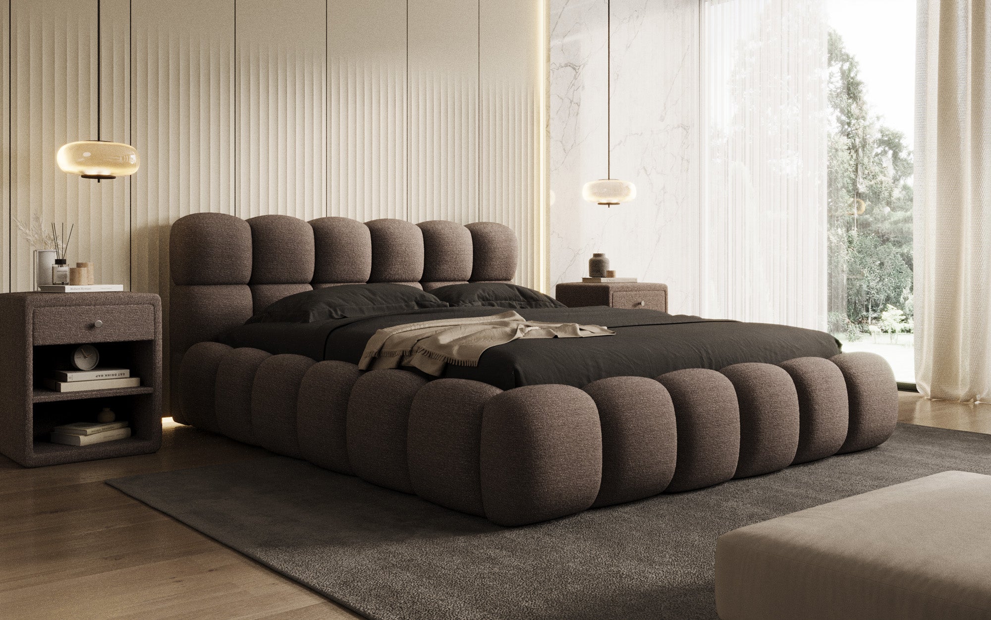 Designer Polsterbett Boston Bouclé mat Stauraum