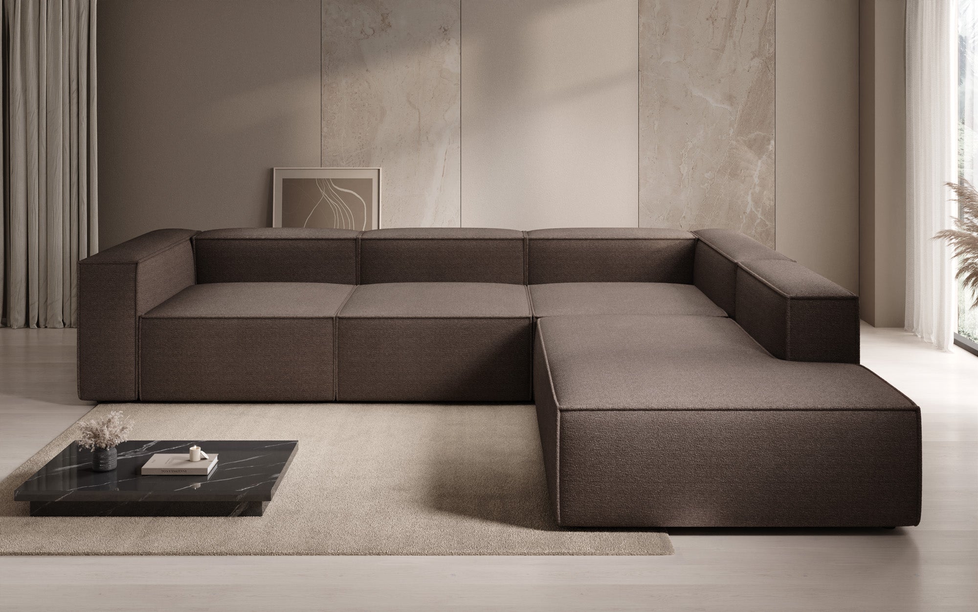 Designer Ecksofa Lesley mit langer Ottomane in Bouclé