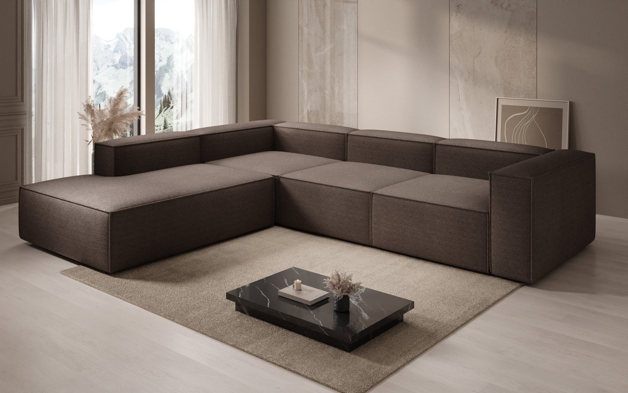 Designer Ecksofa Lesley mit langer Ottomane in Bouclé