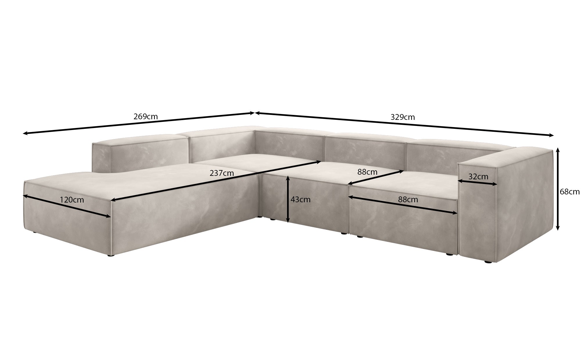 Designer Sofa Lesley L mat laanger Ottomane aus Samt