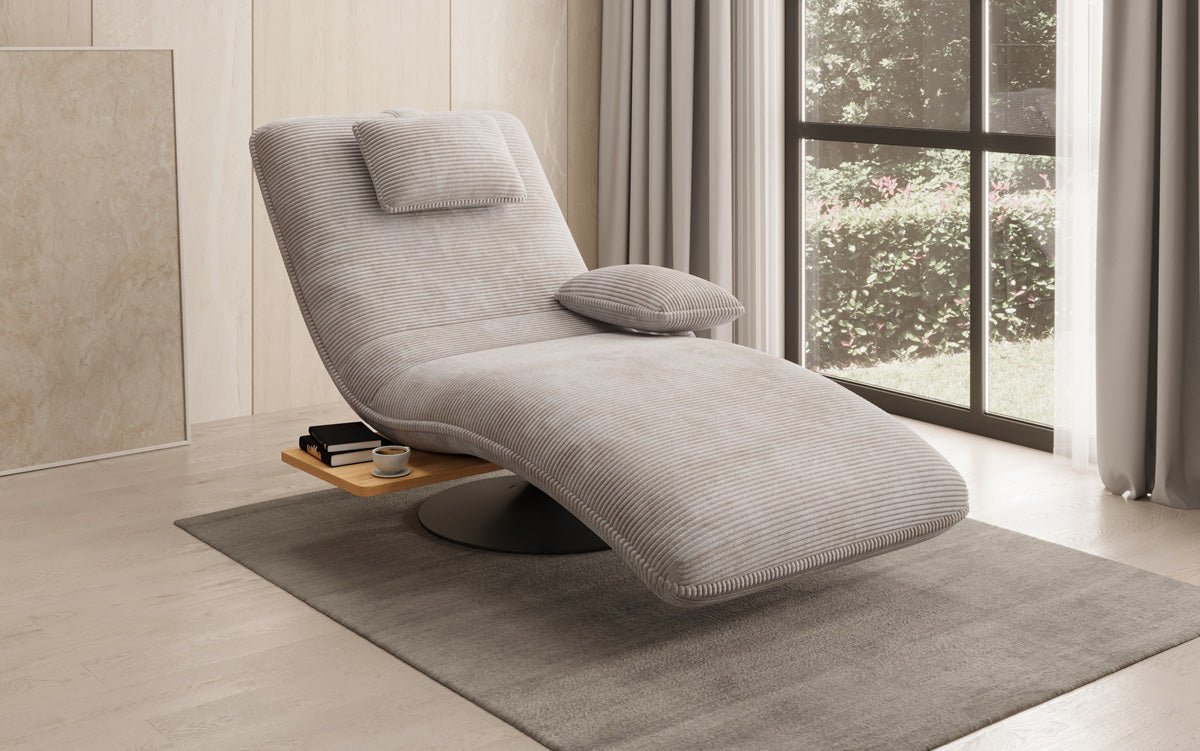 Designer Relax-Liege Velor Cord mat Dréifunktioun an engem Beistelltisch