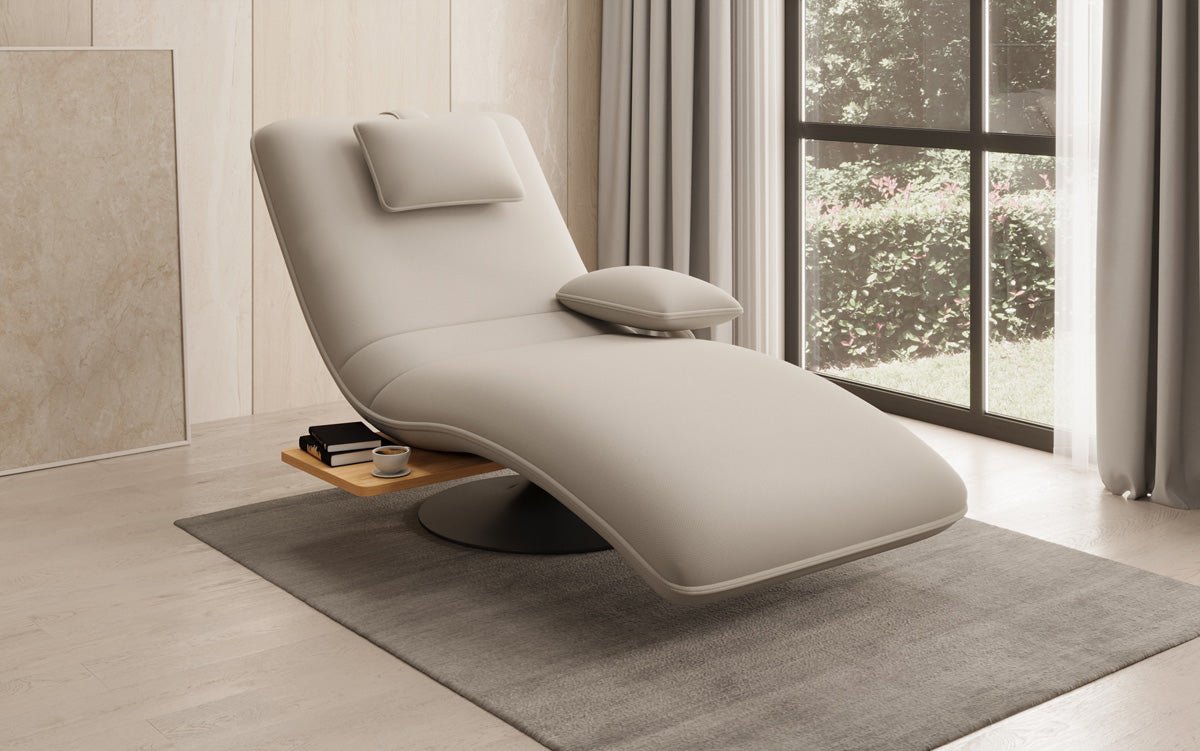 Designer Relax-Liege Velor Stoff mat Dréifunktioun an Beistelltisch
