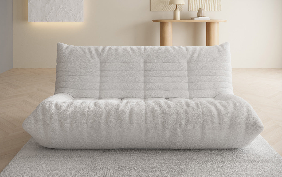 Designer 3-Sëtz Sofa Calmo am Teddy Bouclé