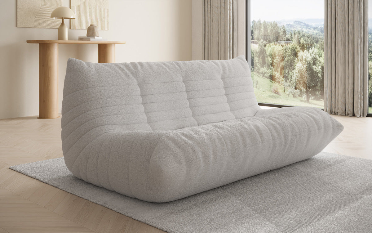 Designer 3-Sëtz Sofa Calmo am Teddy Bouclé