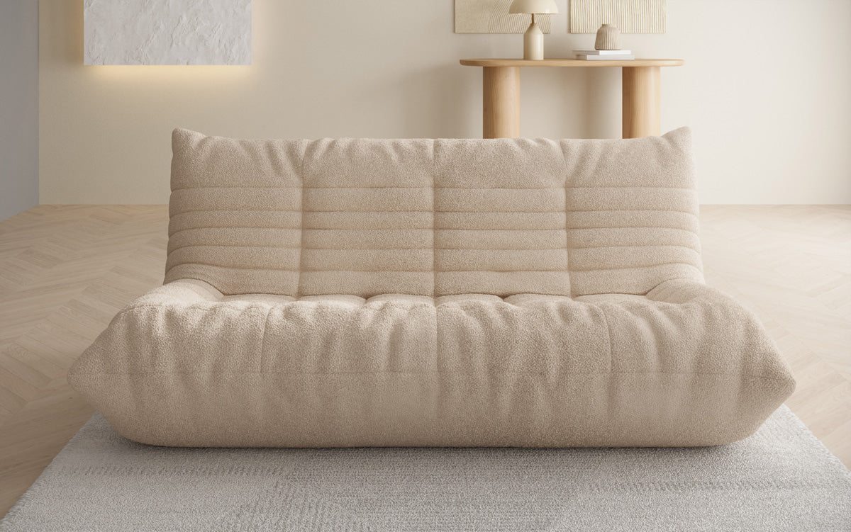 Designer 3-Sëtz Sofa Calmo am Teddy Bouclé