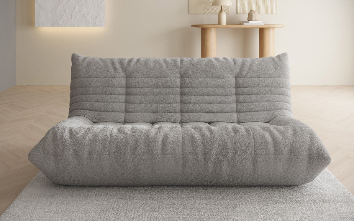 Designer 3-Sëtz Sofa Calmo am Teddy Bouclé