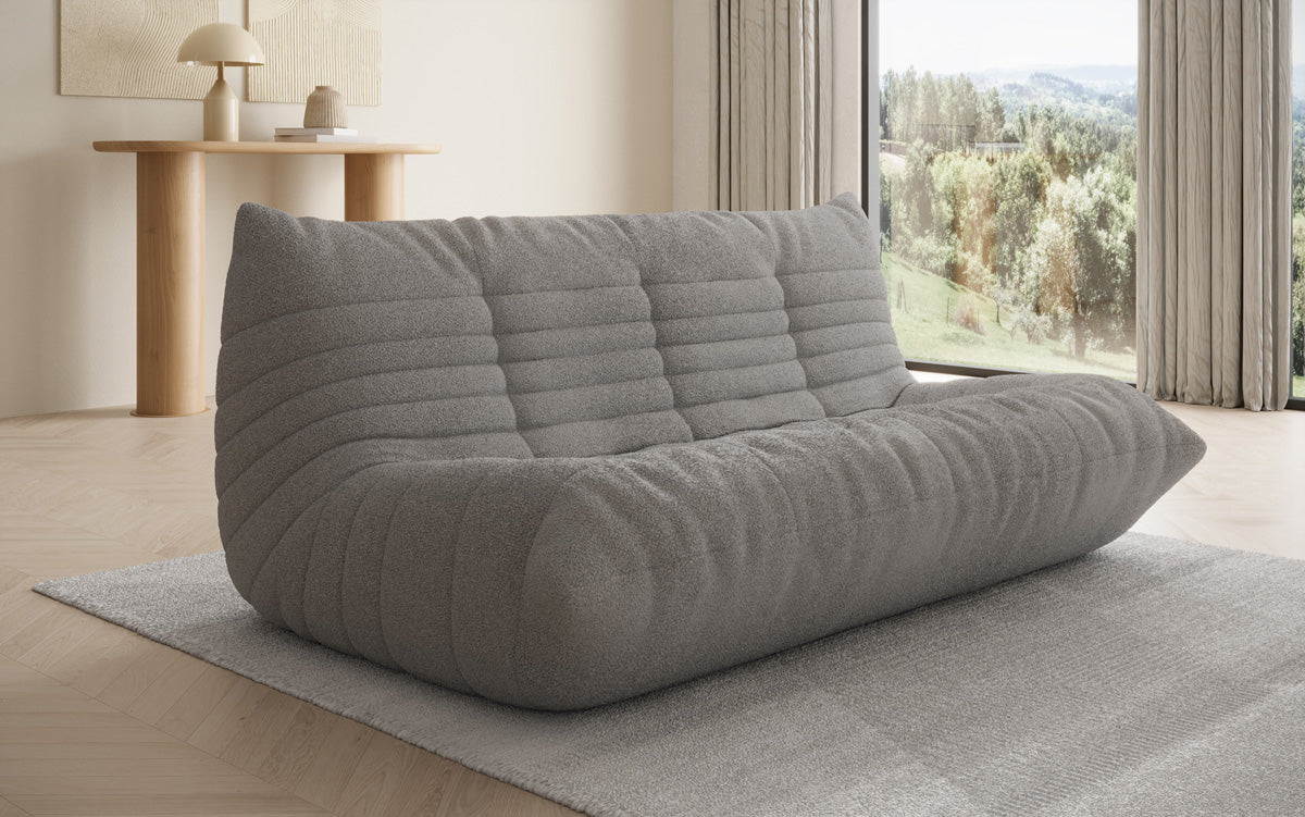 Designer 3-Sëtz Sofa Calmo am Teddy Bouclé