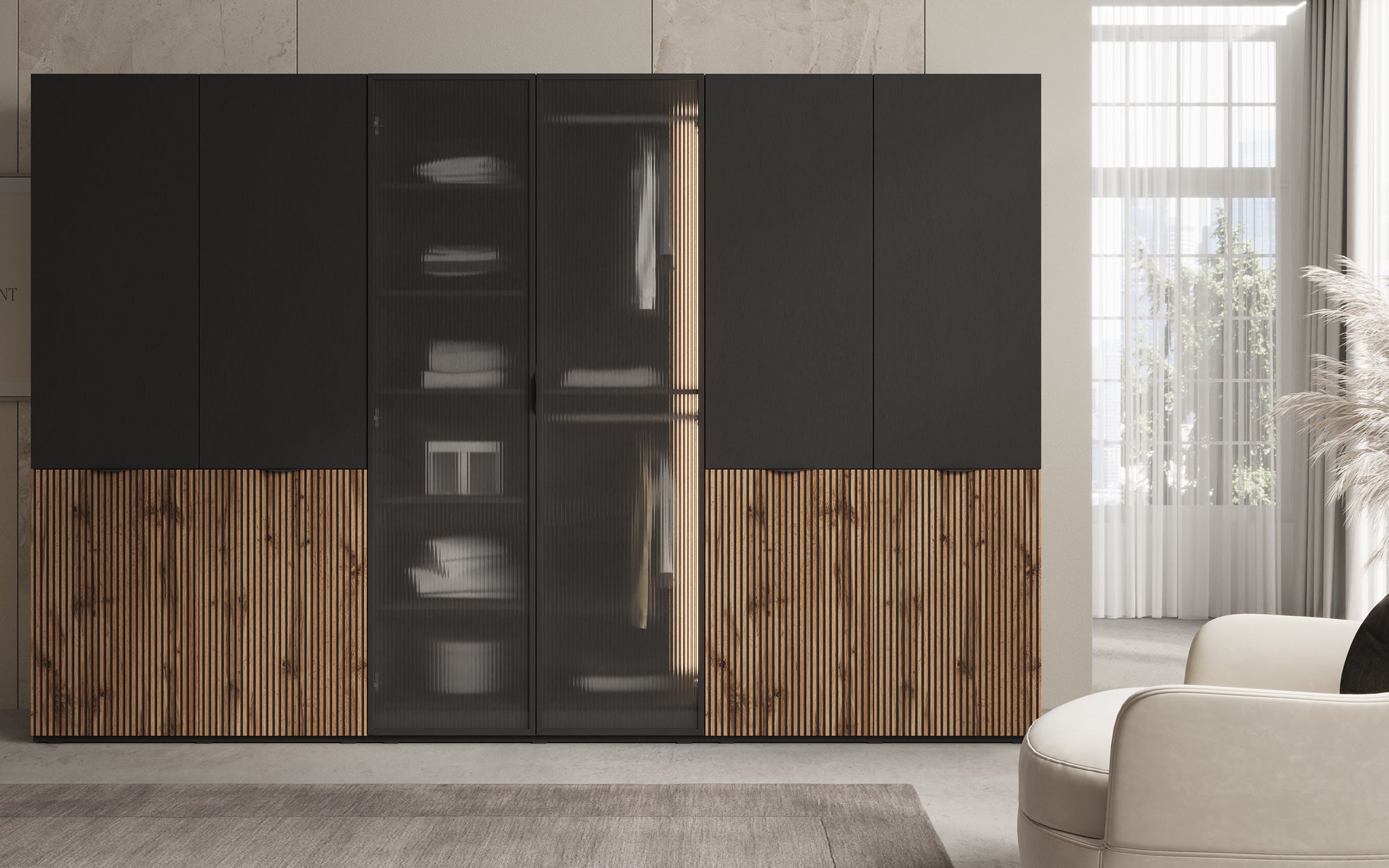 Modulo Serin – Dreimoduliger Design-Kleiderschrank mit Holz- und Strukturglasfront