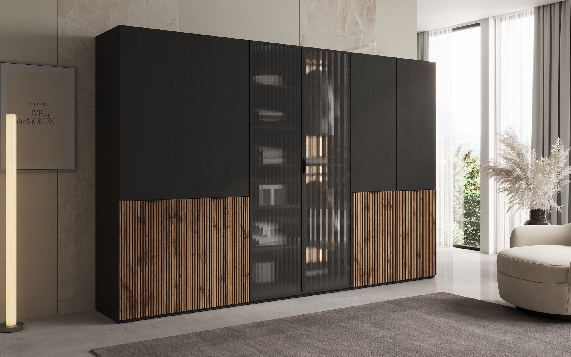 Modulo Serin – Dreimoduliger Design-Kleiderschrank mit Holz- und Strukturglasfront