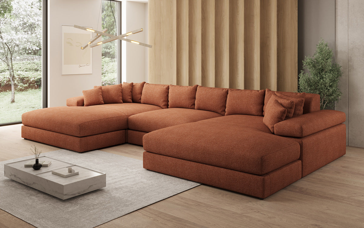 Designer Sofa Bernardo U mit breiter Ottomane in Strukturstoff