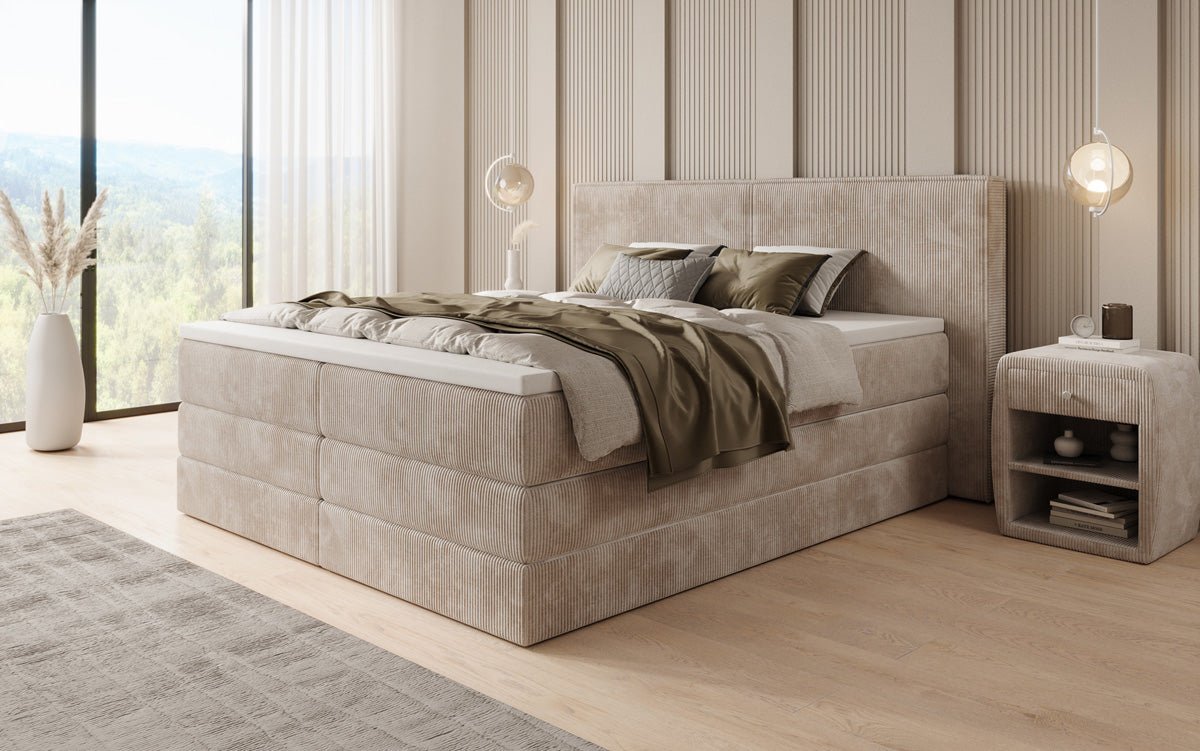 Boxspringbett Ophelia mat héichklappbarem Stauraum a Cord