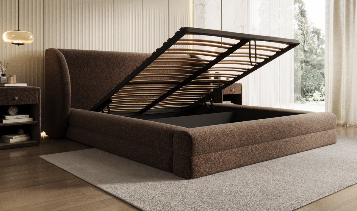 Designer-Polsterbett Liv aus Strukturstoff mat Stauraum