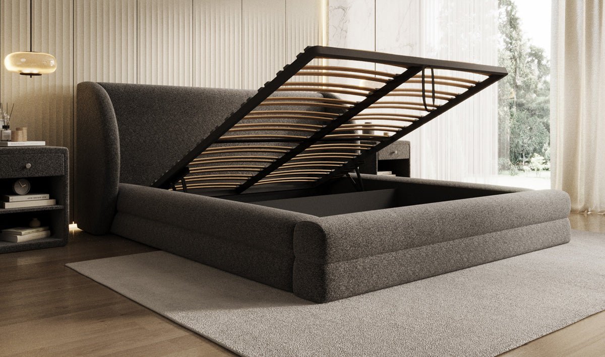 Designer Polsterbett Liv in Strukturstoff mit Stauraum