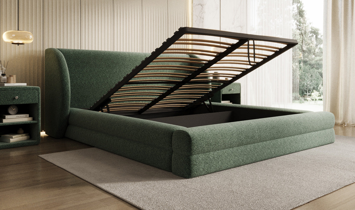 Designer-Polsterbett Liv aus Strukturstoff mat Stauraum