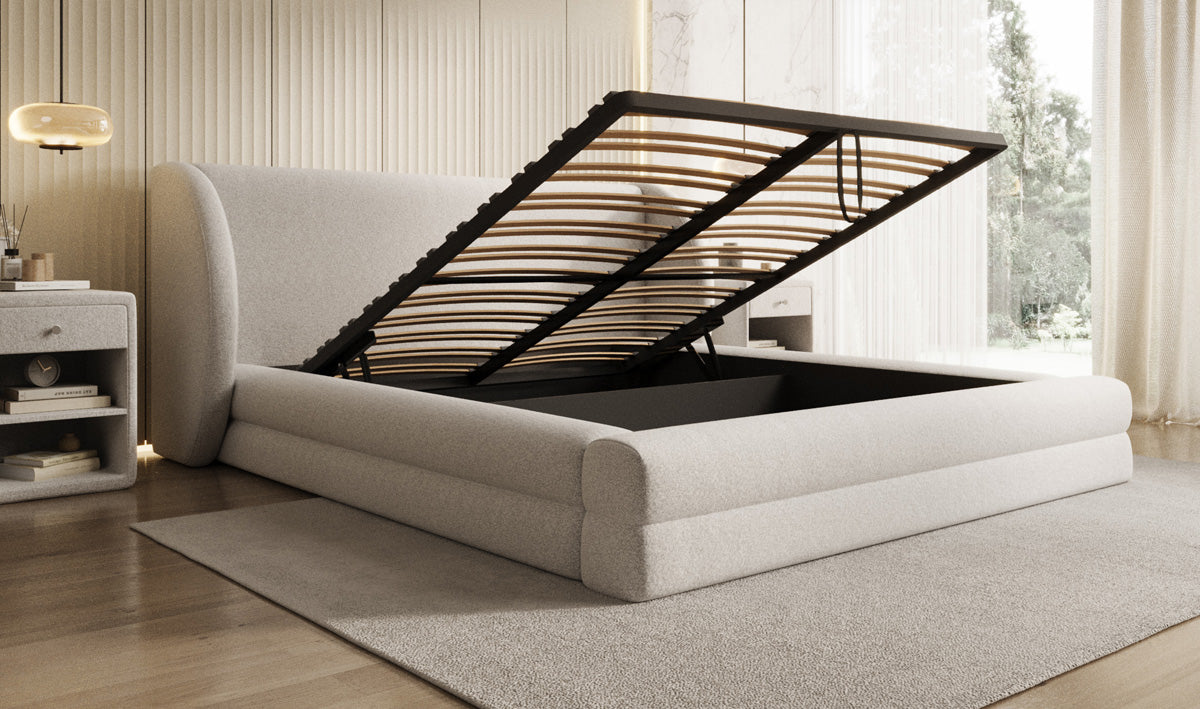 Designer-Polsterbett Liv aus Strukturstoff mat Stauraum