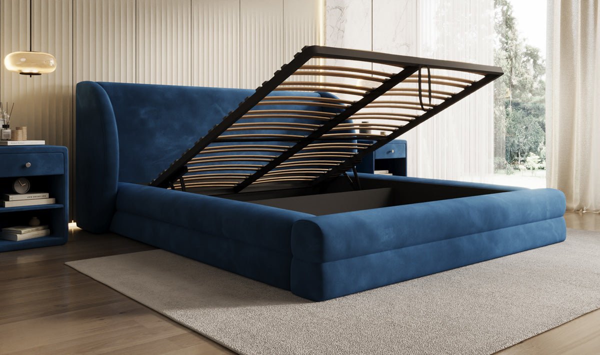 Designer-Polsterbett Liv aus Samett mat Späicherplaz