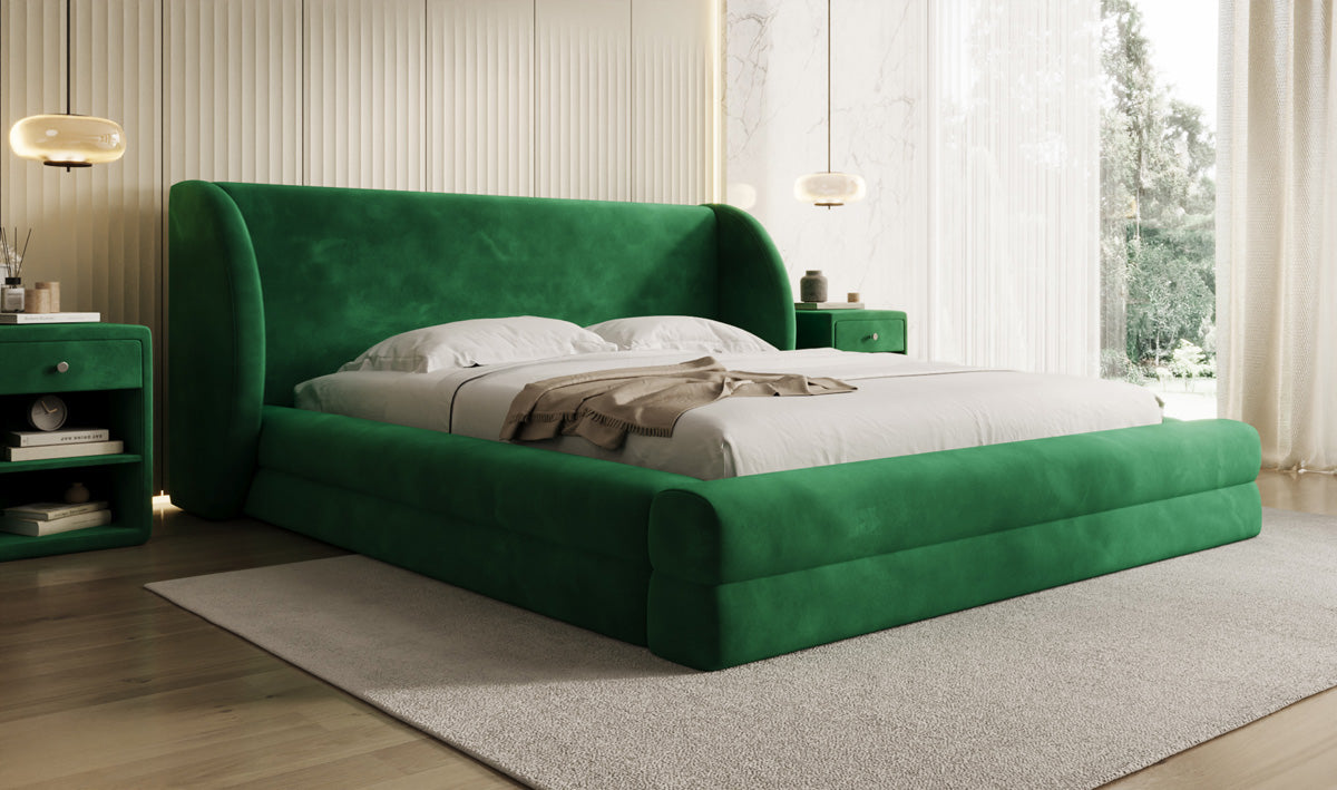 Designer-Polsterbett Liv aus Samett mat Späicherplaz