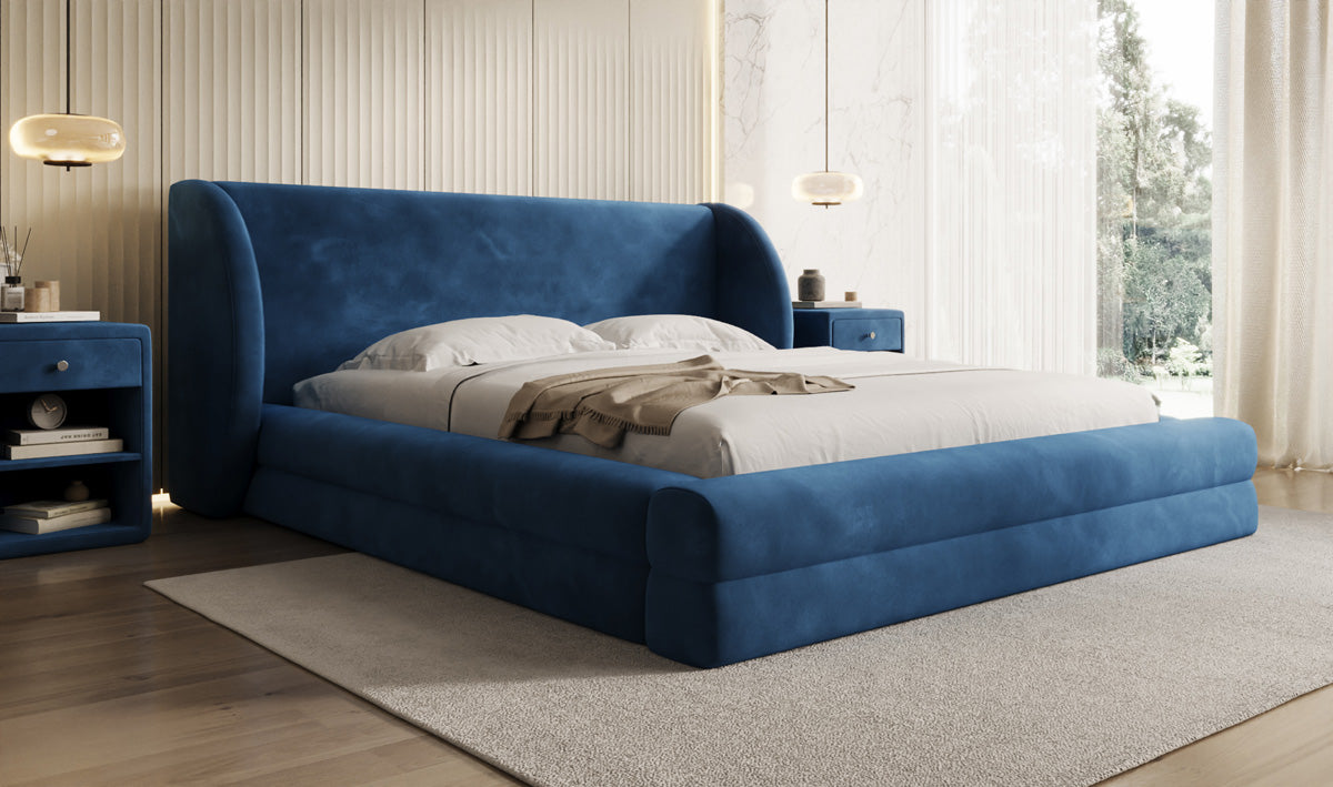 Designer-Polsterbett Liv aus Samett mat Späicherplaz