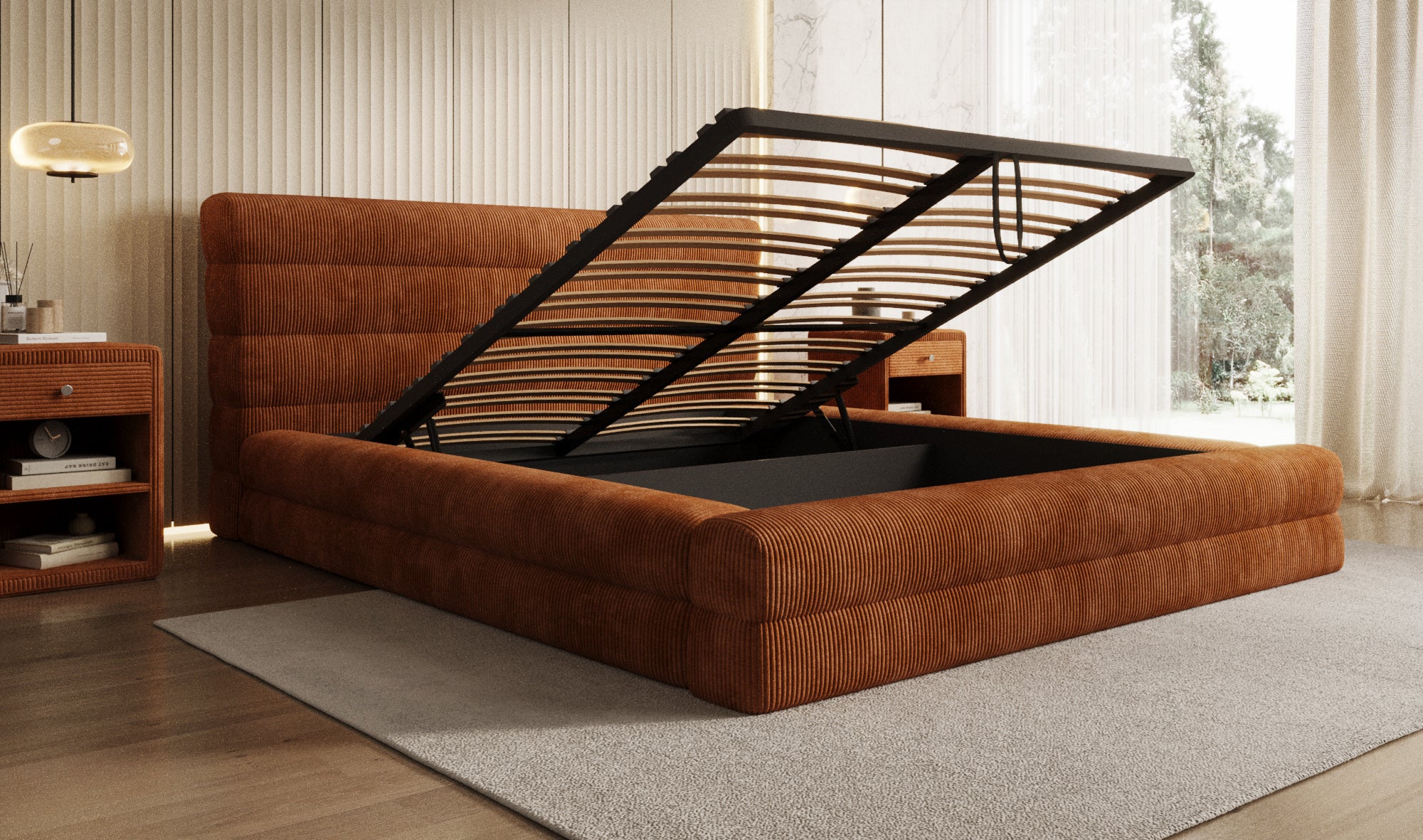 Designer Polsterbett Maren Cord mit Stauraum