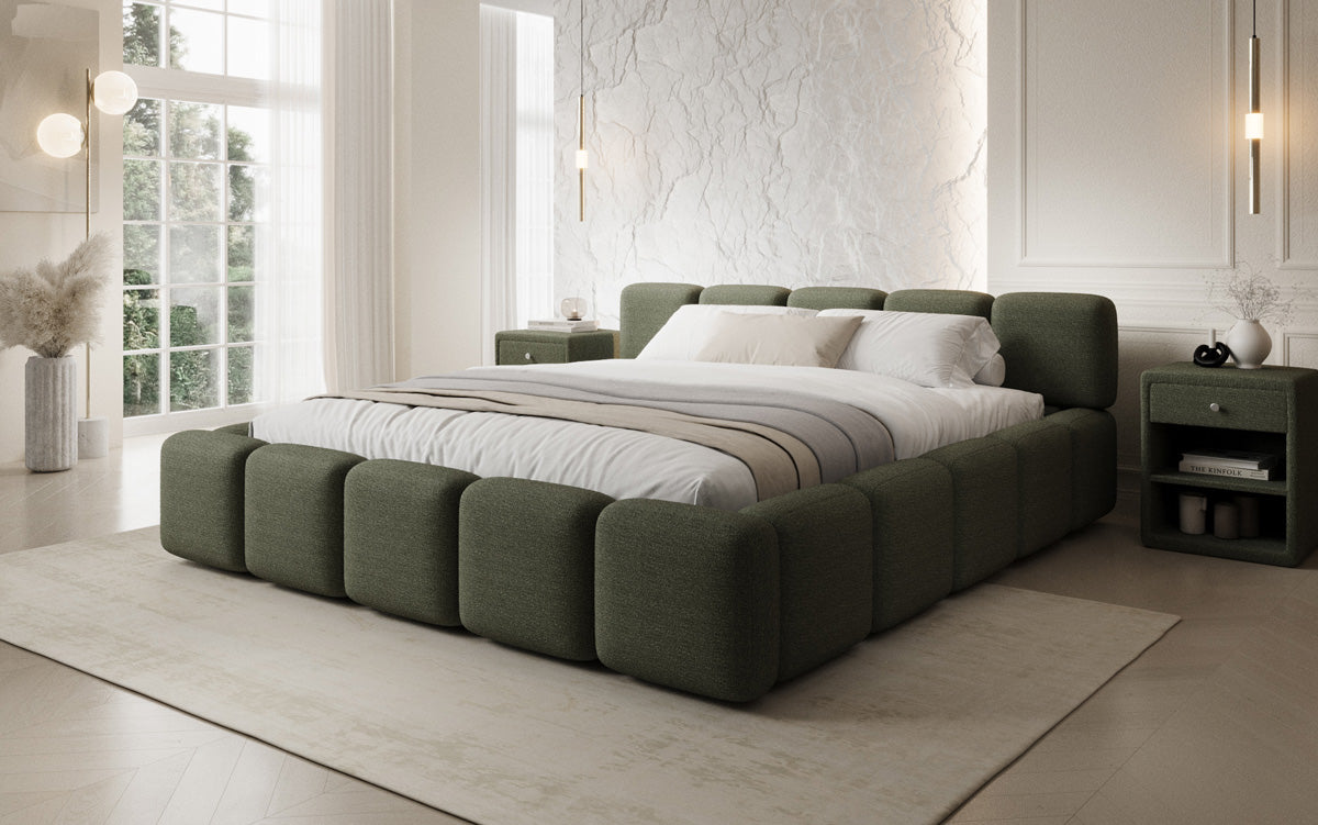 Designer-Polsterbett Giulia aus Bouclé mat Späicherplaz