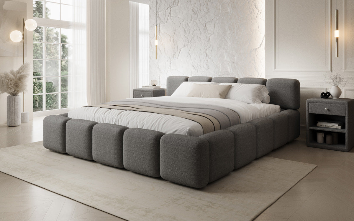 Designer-Polsterbett Giulia aus Bouclé mat Späicherplaz