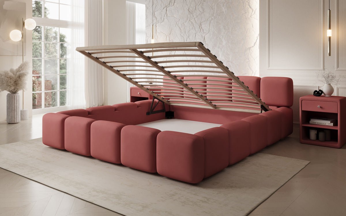 Designer-Polsterbett Giulia aus Stoff mat Späicherplaz