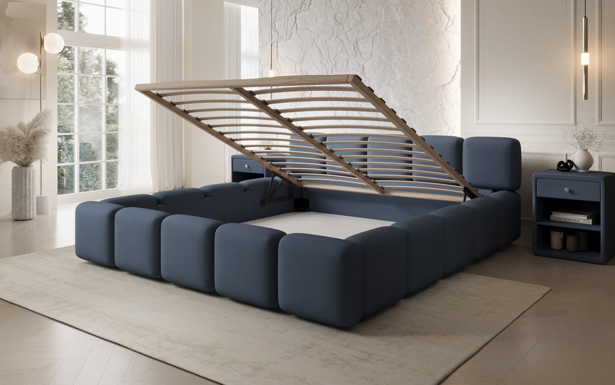 Designer-Polsterbett Giulia aus Stoff mat Späicherplaz