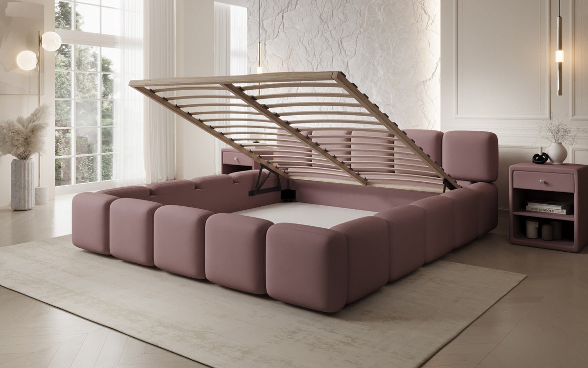Designer-Polsterbett Giulia aus Stoff mat Späicherplaz