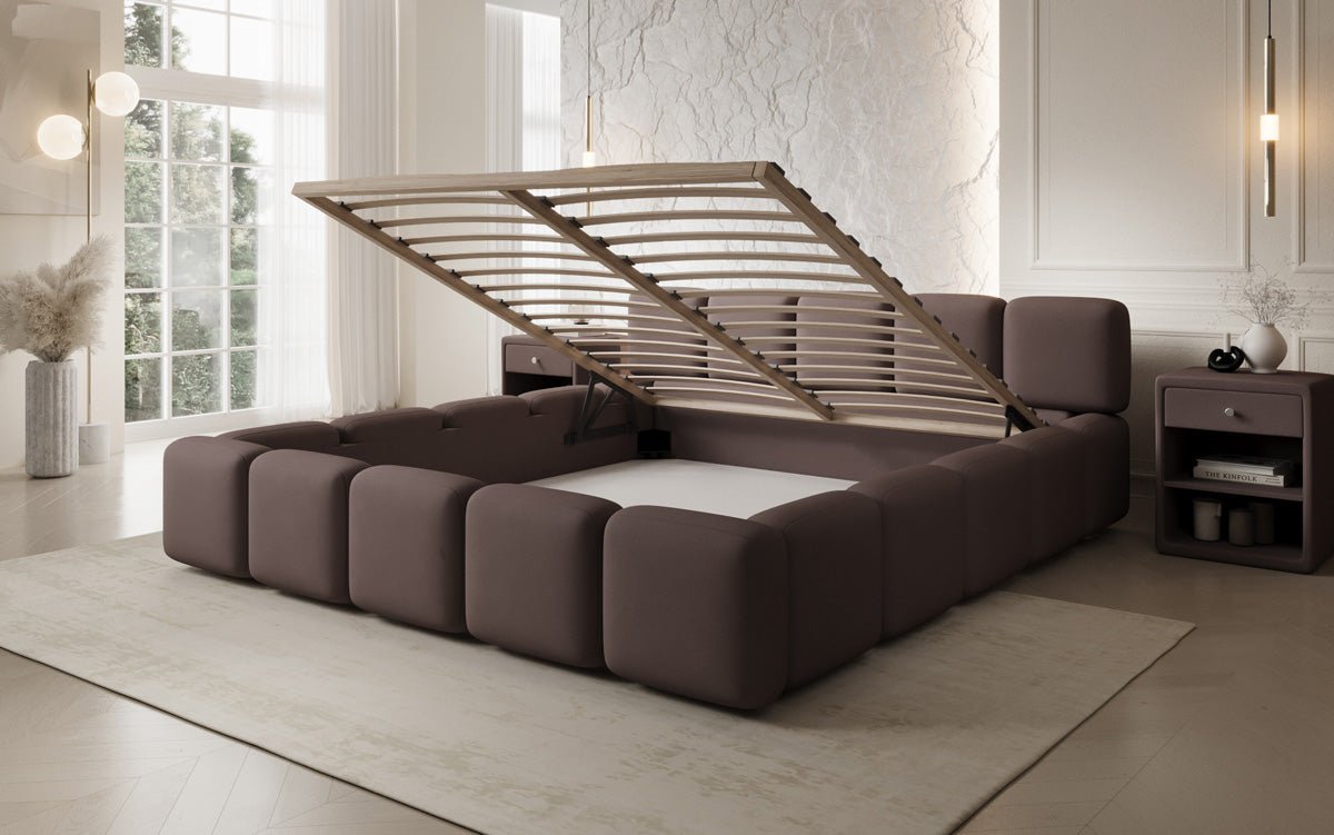 Designer-Polsterbett Giulia aus Stoff mat Späicherplaz