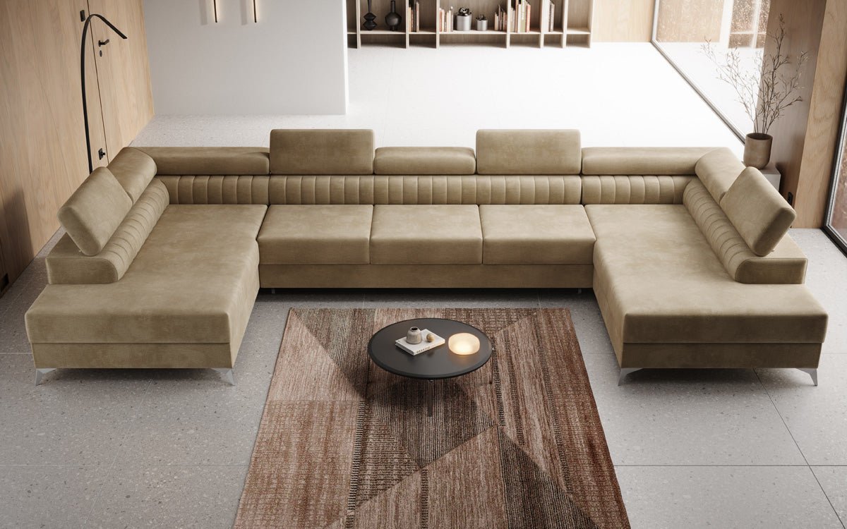 Designer Sofa Aurea U XXL mat Schloof- an Zesummeklappfunktioun a Samt