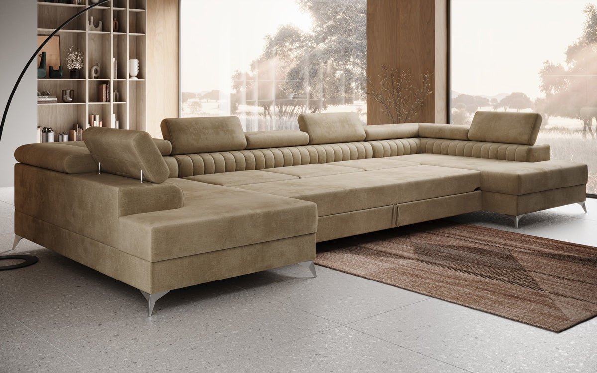 Designer Sofa Aurea U XXL mat Schloof- an Zesummeklappfunktioun a Samt
