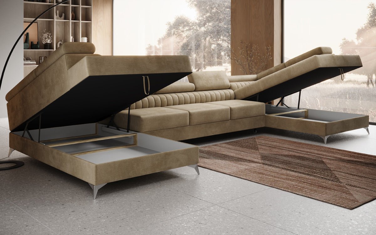Designer Sofa Aurea U XXL mat Schloof- an Zesummeklappfunktioun a Samt