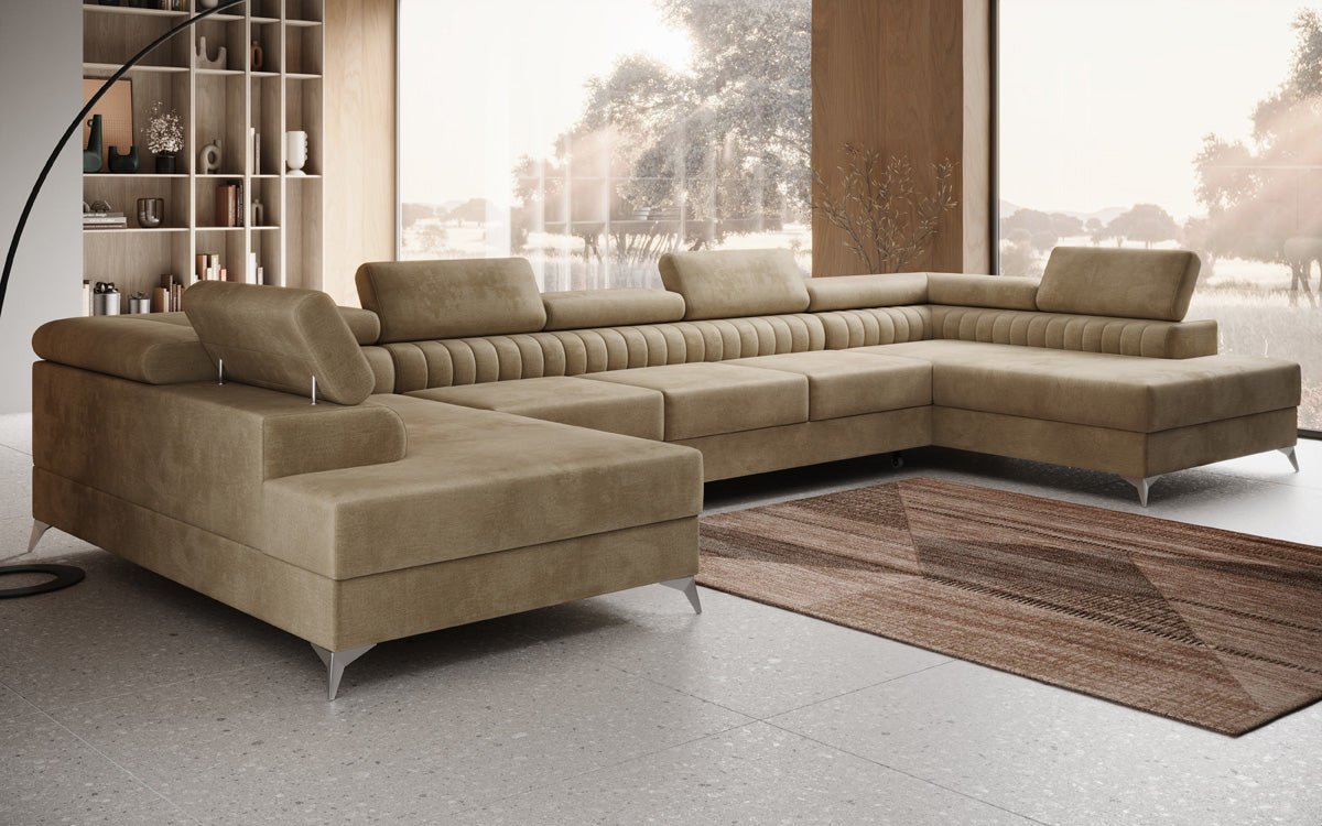 Designer Sofa Aurea U XXL mat Schloof- an Zesummeklappfunktioun a Samt