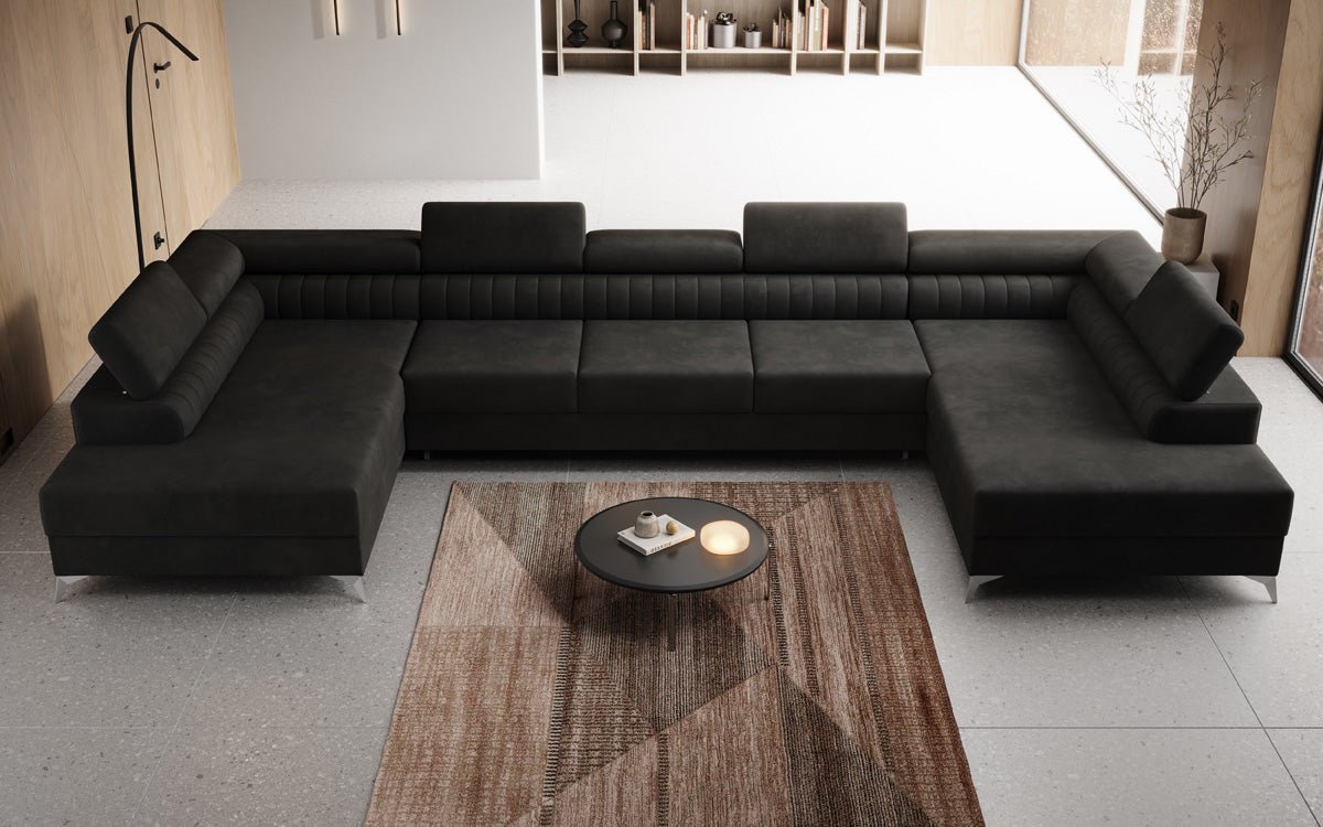 Designer Sofa Aurea U XXL mat Schloof- an Zesummeklappfunktioun a Samt