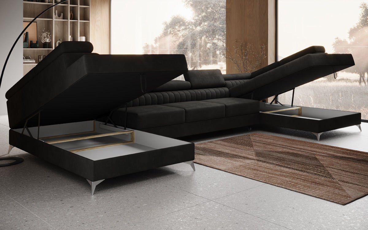 Designer Sofa Aurea U XXL mat Schloof- an Zesummeklappfunktioun a Samt