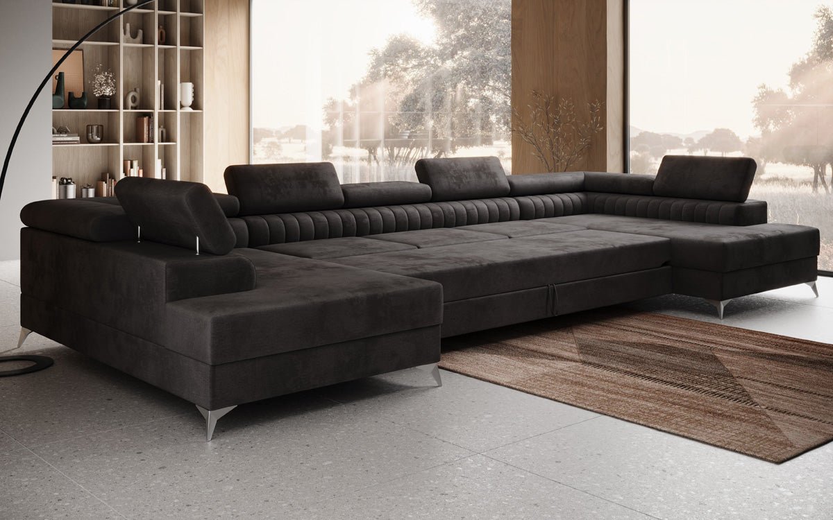 Designer Sofa Aurea U XXL mat Schloof- an Zesummeklappfunktioun a Samt