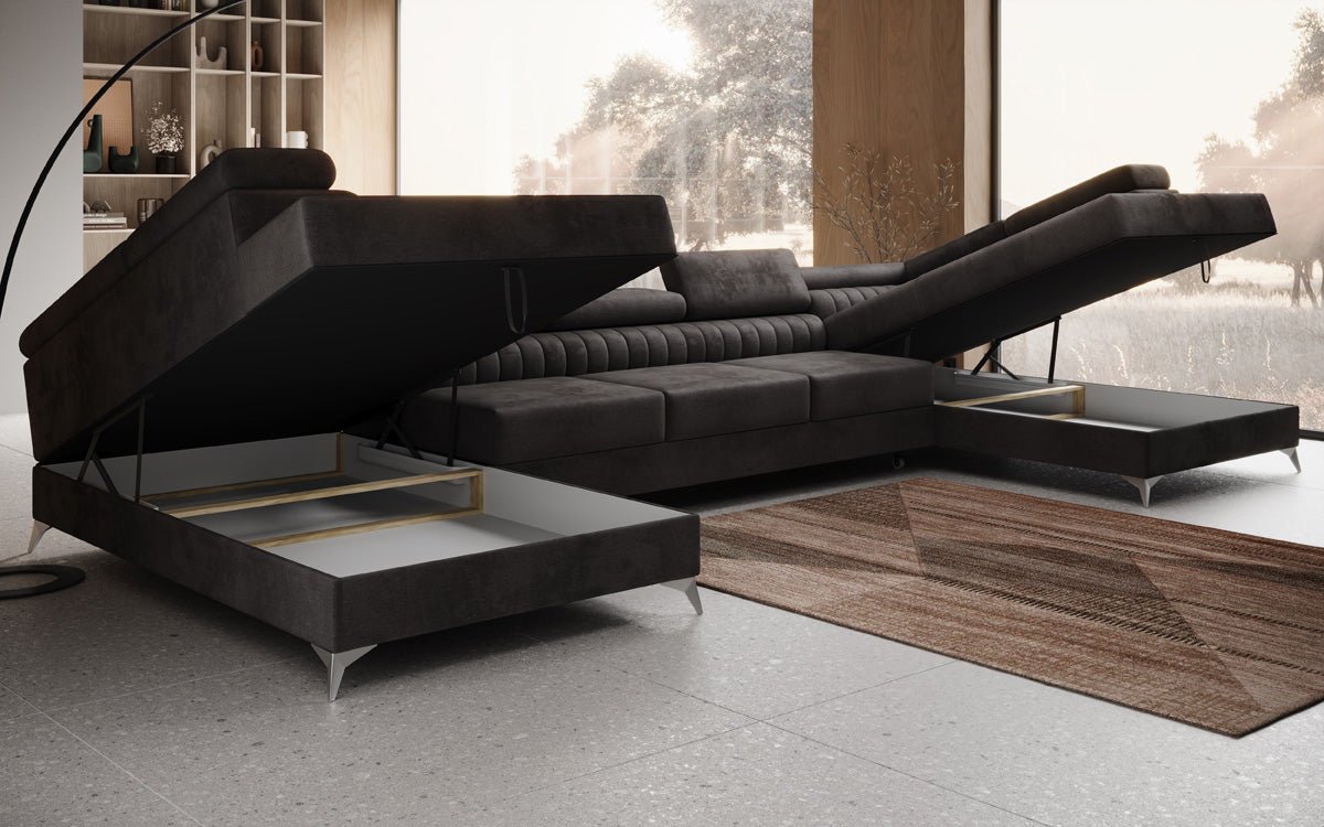 Designer Sofa Aurea U XXL mat Schloof- an Zesummeklappfunktioun a Samt