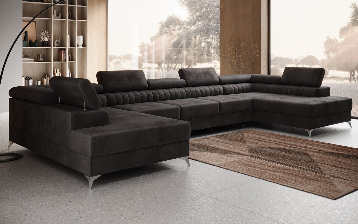 Designer Sofa Aurea U XXL mat Schloof- an Zesummeklappfunktioun a Samt