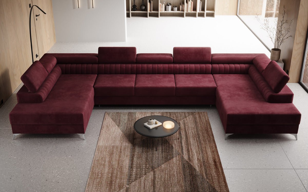 Designer Sofa Aurea U XXL mat Schloof- an Zesummeklappfunktioun a Samt