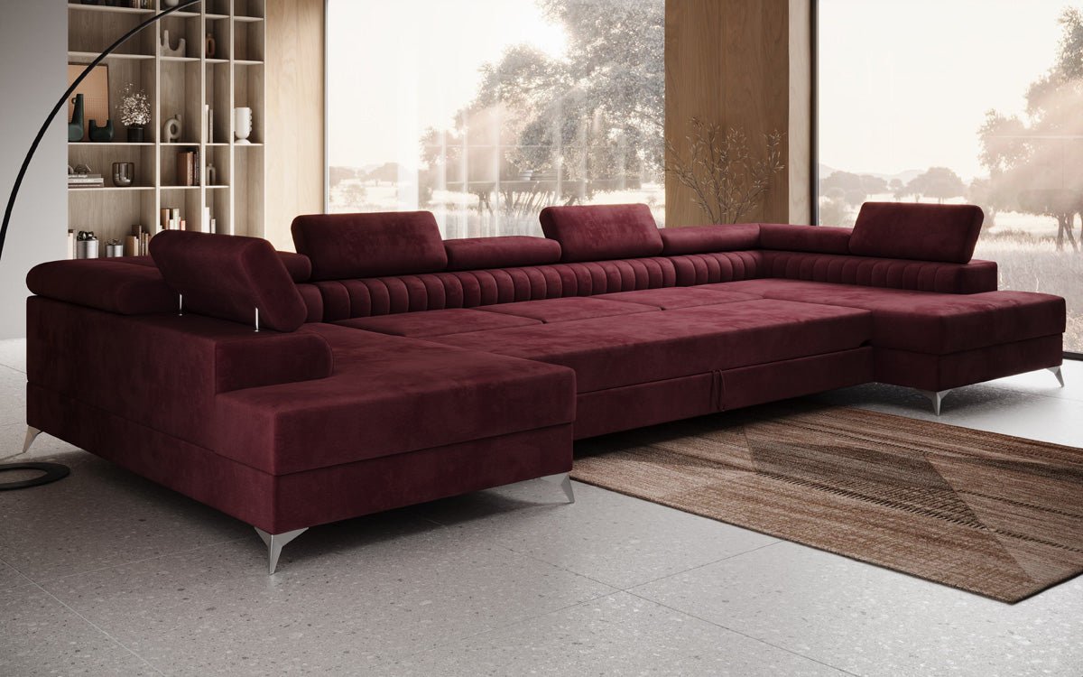 Designer Sofa Aurea U XXL mat Schloof- an Zesummeklappfunktioun a Samt