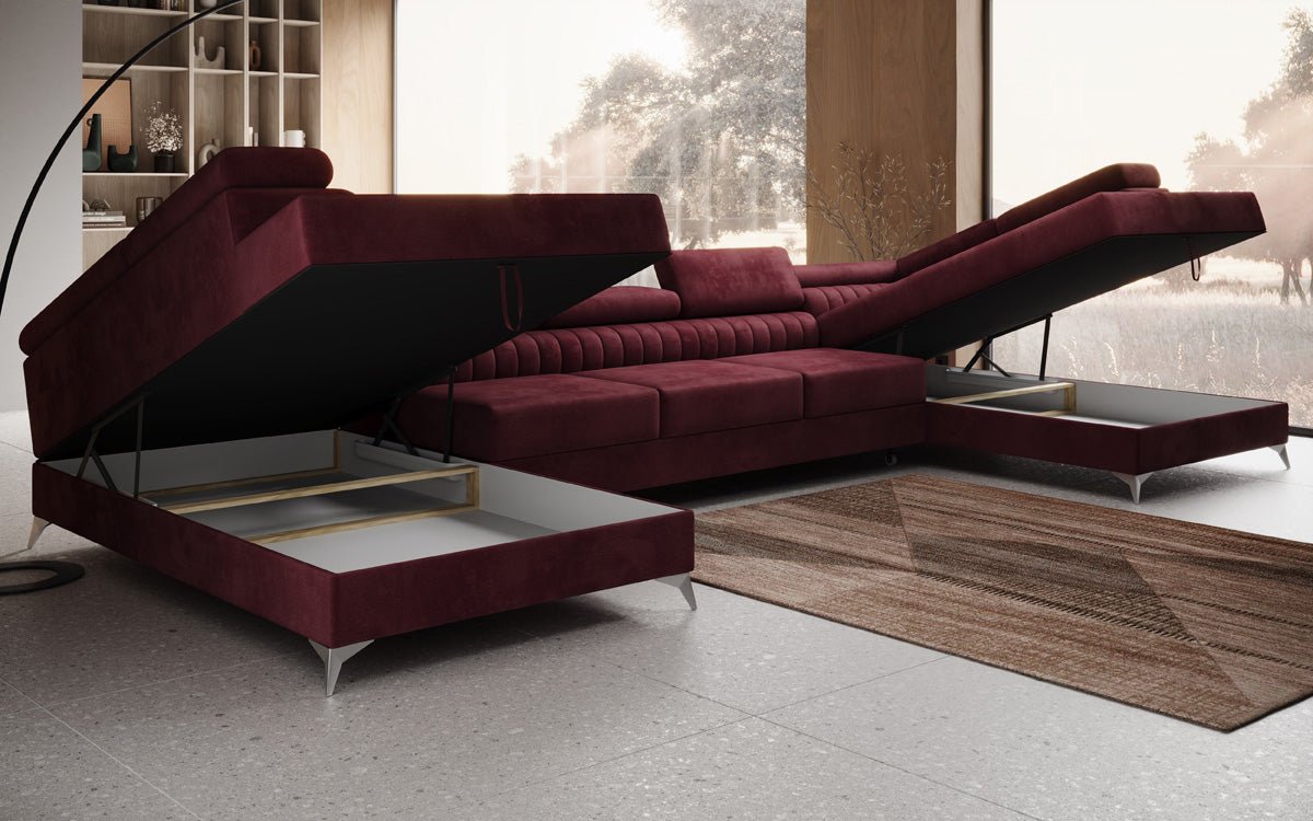 Designer Sofa Aurea U XXL mat Schloof- an Zesummeklappfunktioun a Samt
