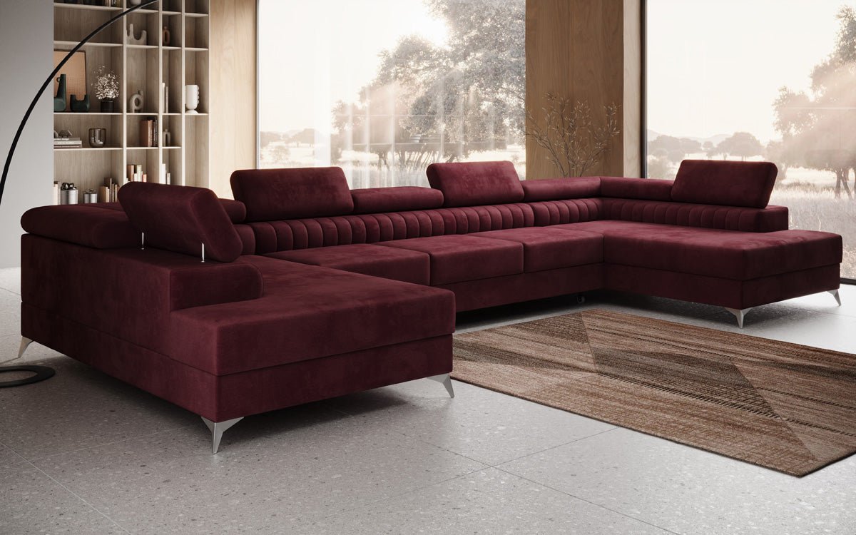 Designer Sofa Aurea U XXL mat Schloof- an Zesummeklappfunktioun a Samt