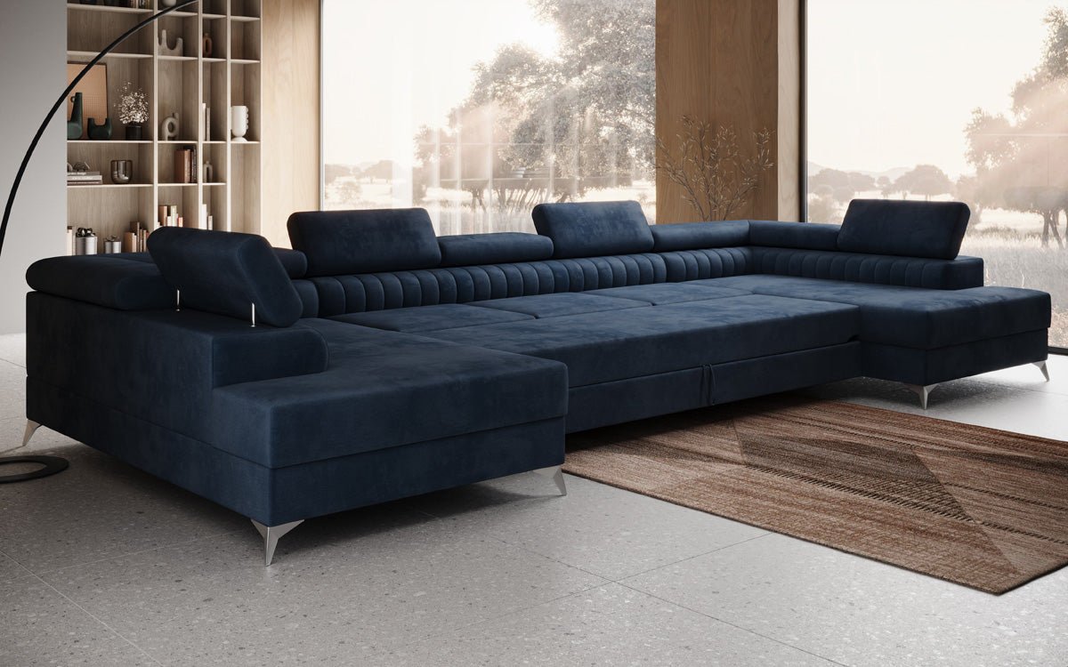Designer Sofa Aurea U XXL mat Schloof- an Zesummeklappfunktioun a Samt