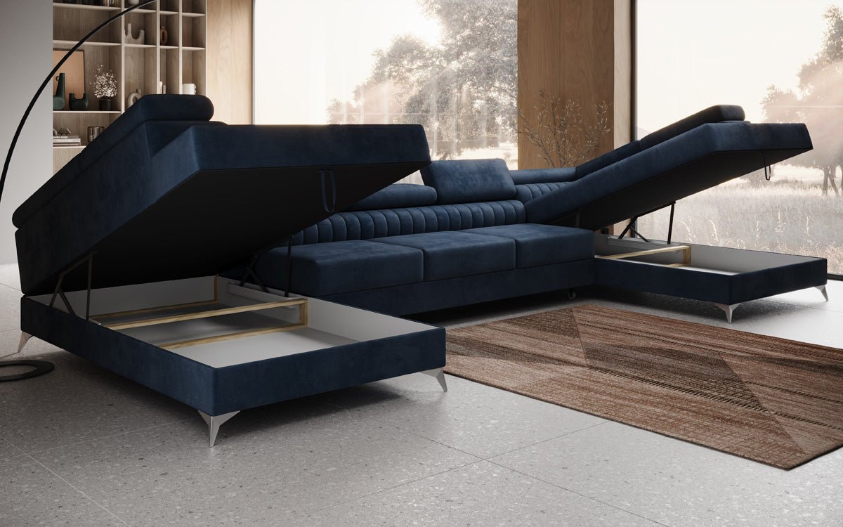 Designer Sofa Aurea U XXL mat Schloof- an Zesummeklappfunktioun a Samt