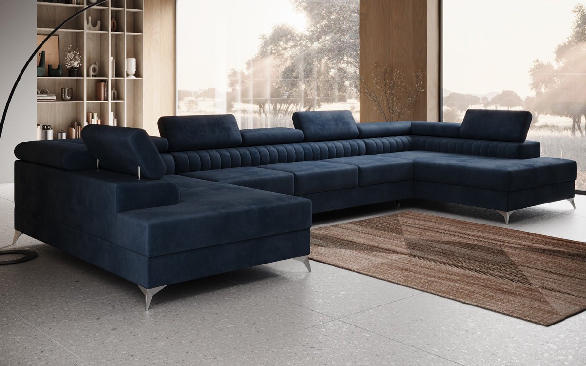 Designer Sofa Aurea U XXL mat Schloof- an Zesummeklappfunktioun a Samt