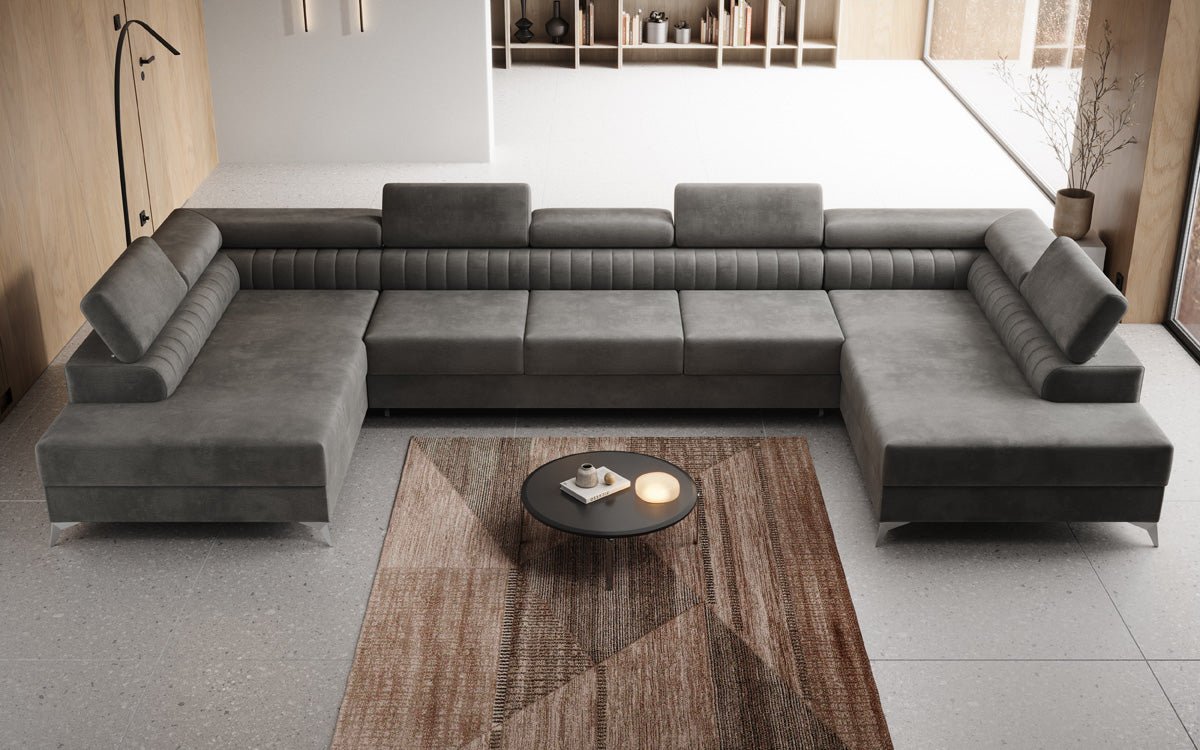 Designer Sofa Aurea U XXL mat Schloof- an Zesummeklappfunktioun a Samt