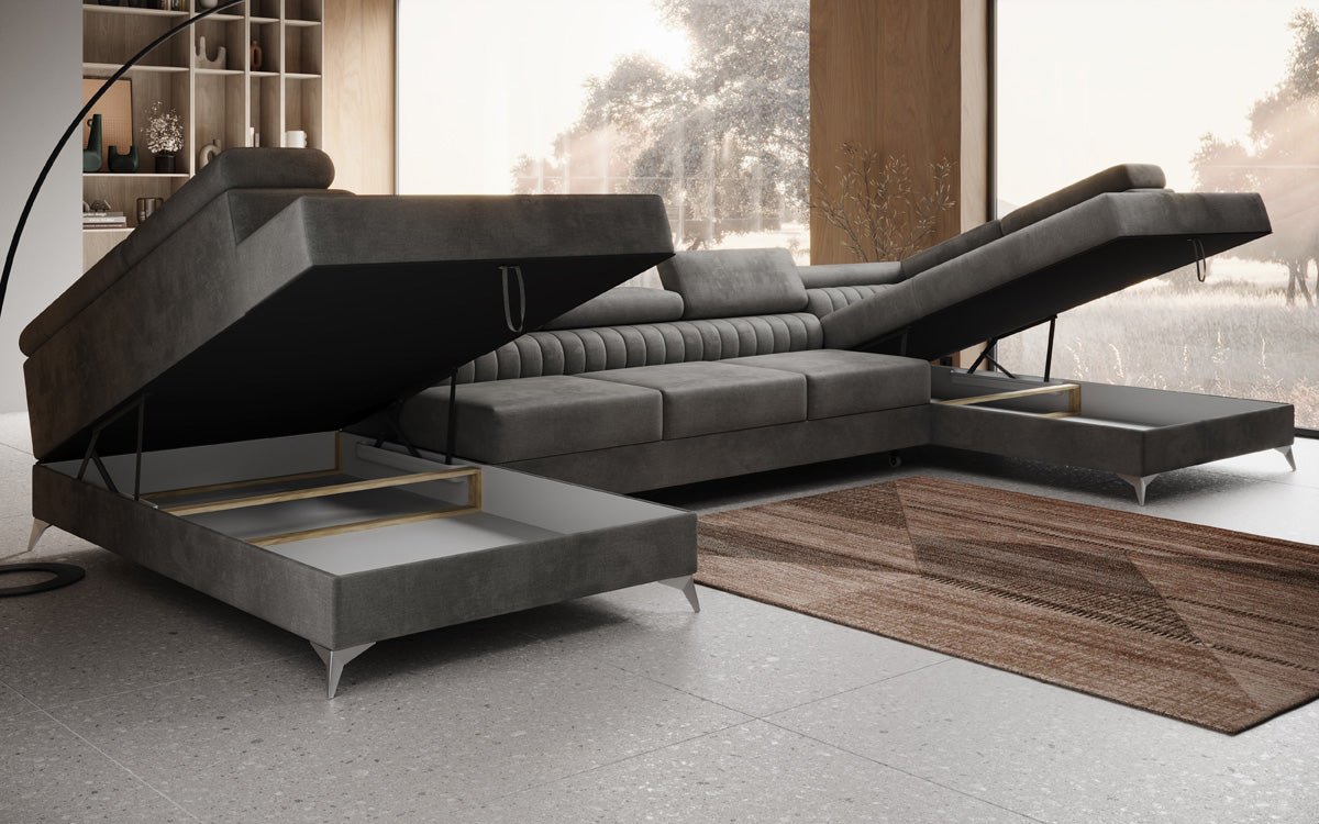 Designer Sofa Aurea U XXL mat Schloof- an Zesummeklappfunktioun a Samt