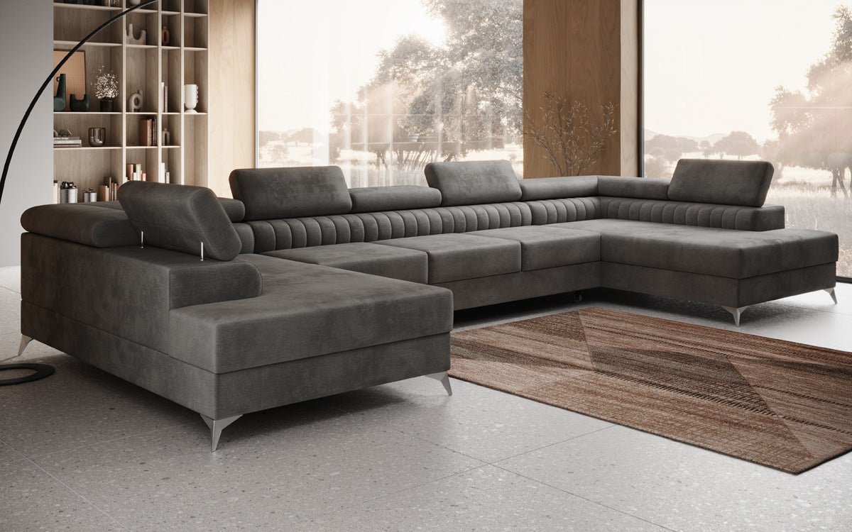 Designer Sofa Aurea U XXL mat Schloof- an Zesummeklappfunktioun a Samt
