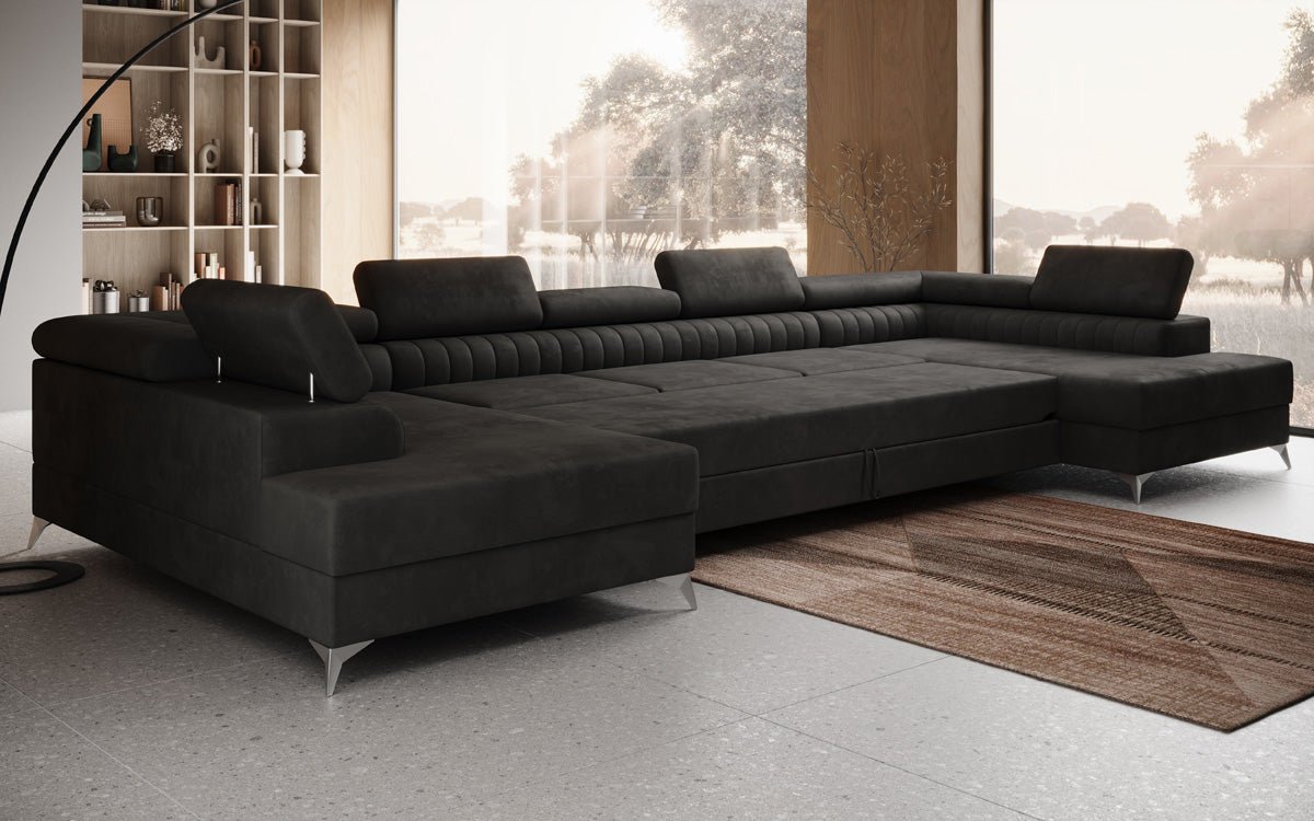 Designer Sofa Aurea U XXL mat Schloof- an Zesummeklappfunktioun a Samt